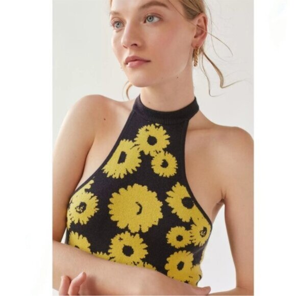 Urban Outfitters | Charlie Mockneck Sweater Dress New Small Floral Black Yellow - Picture 3 of 9
